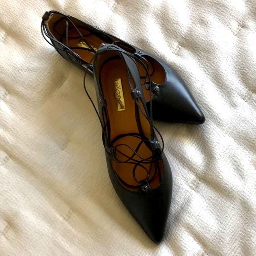 Cute Black Pointy Toe Flat Shoes with Ankle Laces, Halogen, size 8